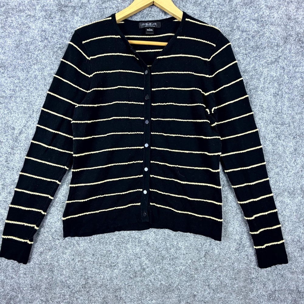 August Silk Cardigan Sweater Womens Large Black Striped Button Front Metallic